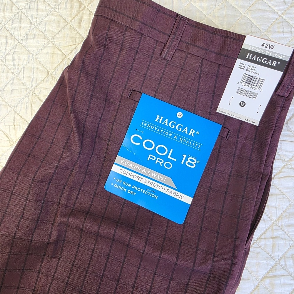Haggar‎ Cool 18 Pro Mens 42W Burgundy Windowpane Comfort Stretch Shorts Golf